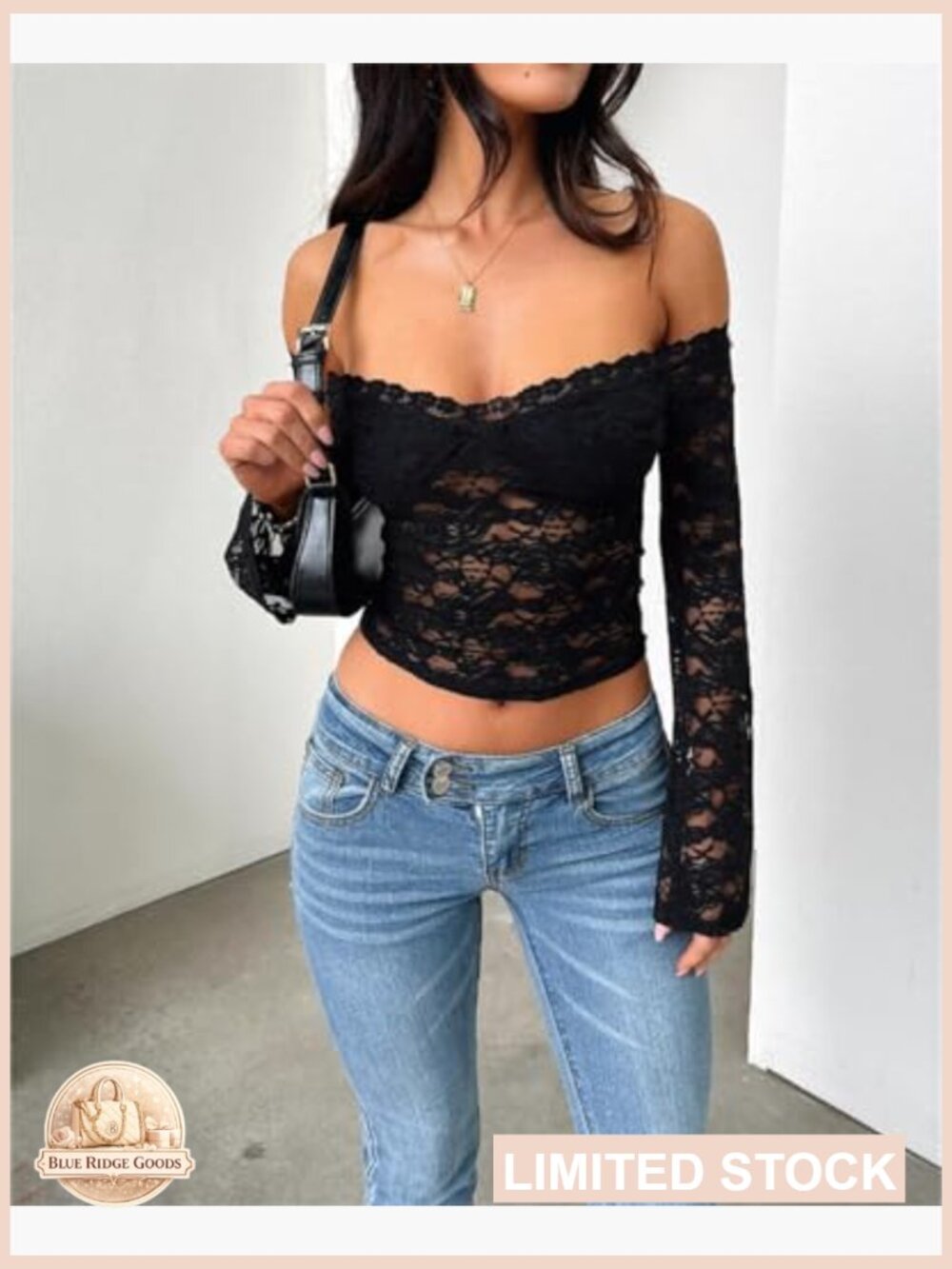 Off Shoulder Floral Lace Crop Top Long Sleeve See Through Backless Going Out - Picture 6 of 7